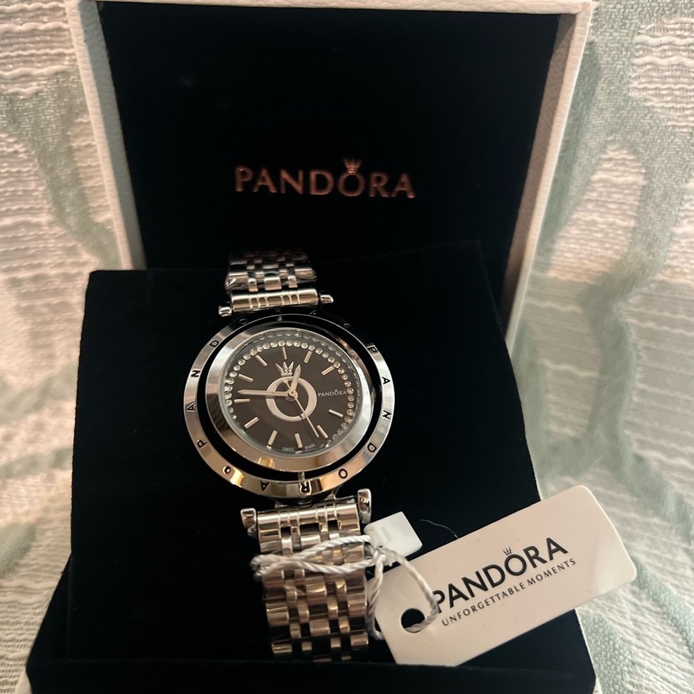 Pandora Silver and Black Women's Stainless Steel Watch